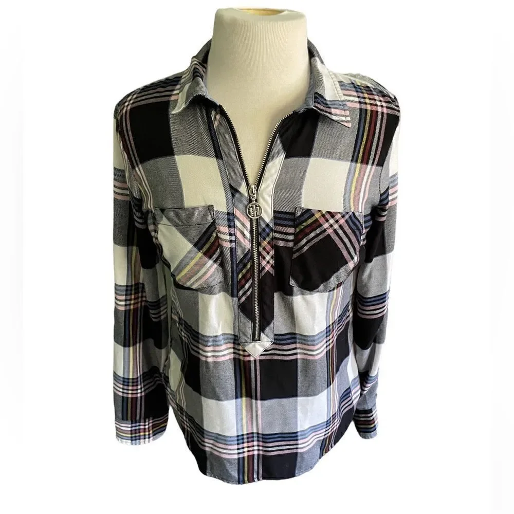 Tommy Hilfiger Plaid Zip Up Popover Shirt Size Small